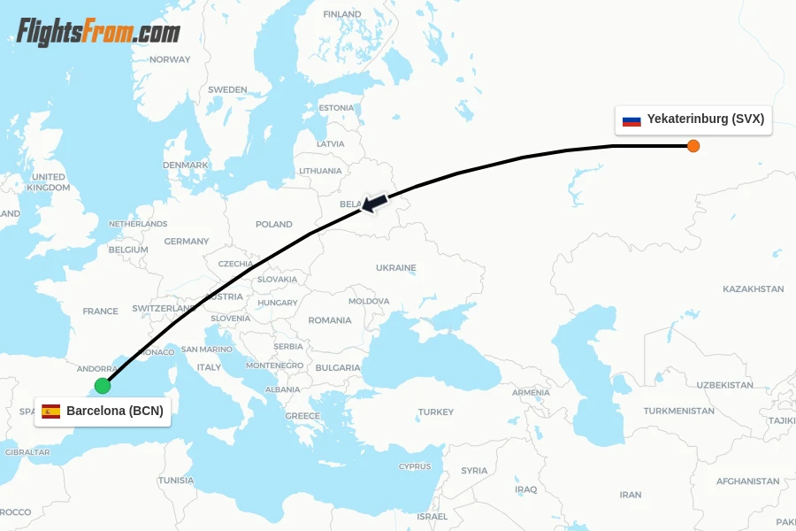 Flights from Yekaterinburg to Barcelona route map