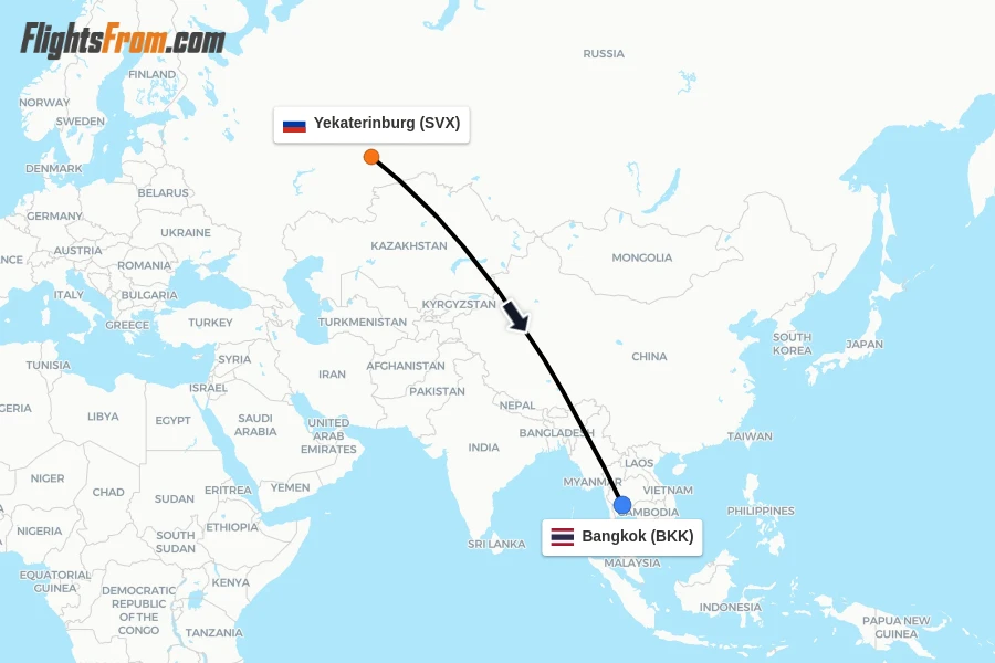 Flights from Yekaterinburg to Bangkok route map