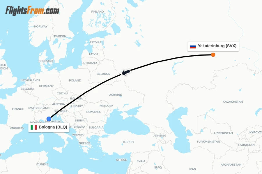 Flights from Yekaterinburg to Bologna route map
