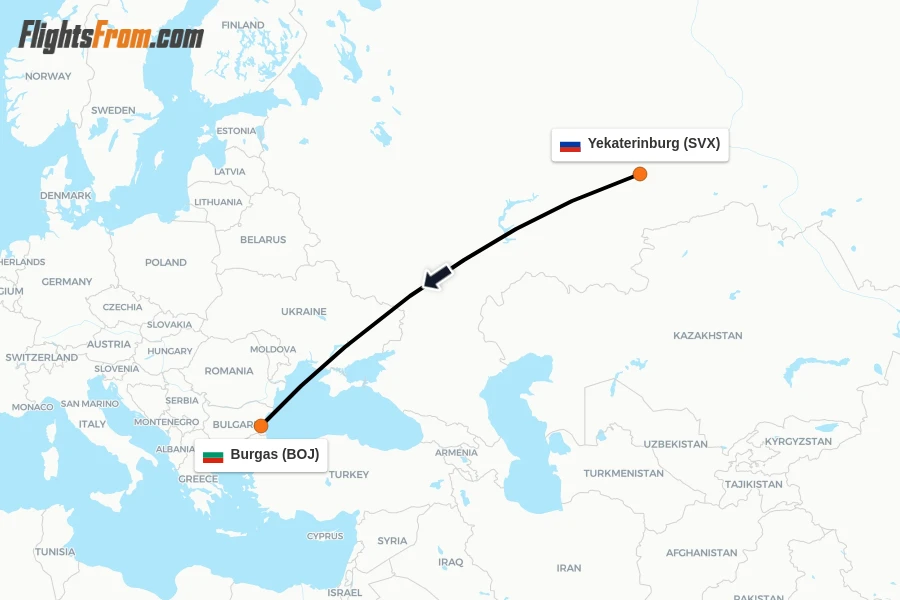 Flights from Yekaterinburg to Burgas route map