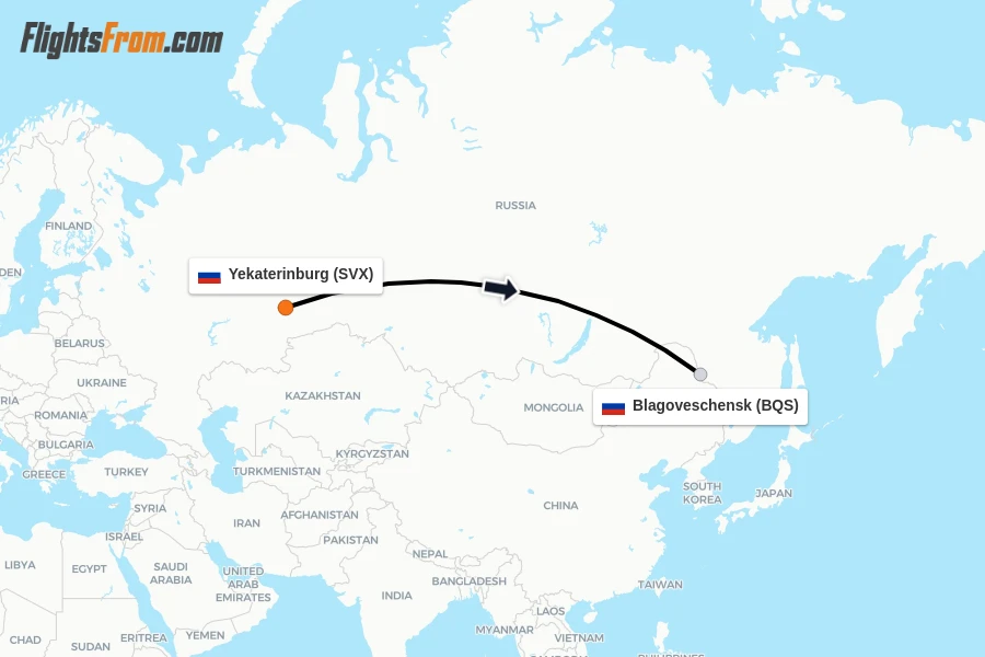 Flights from Yekaterinburg to Blagoveschensk route map