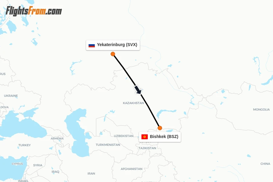 Flights from Yekaterinburg to Bishkek route map