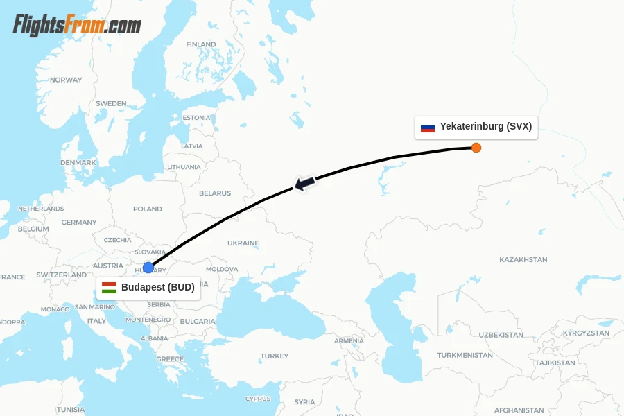 Flights from Yekaterinburg to Budapest route map