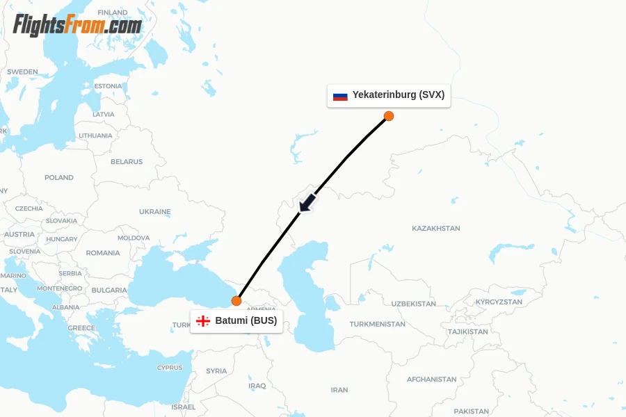 Flights from Yekaterinburg to Batumi route map