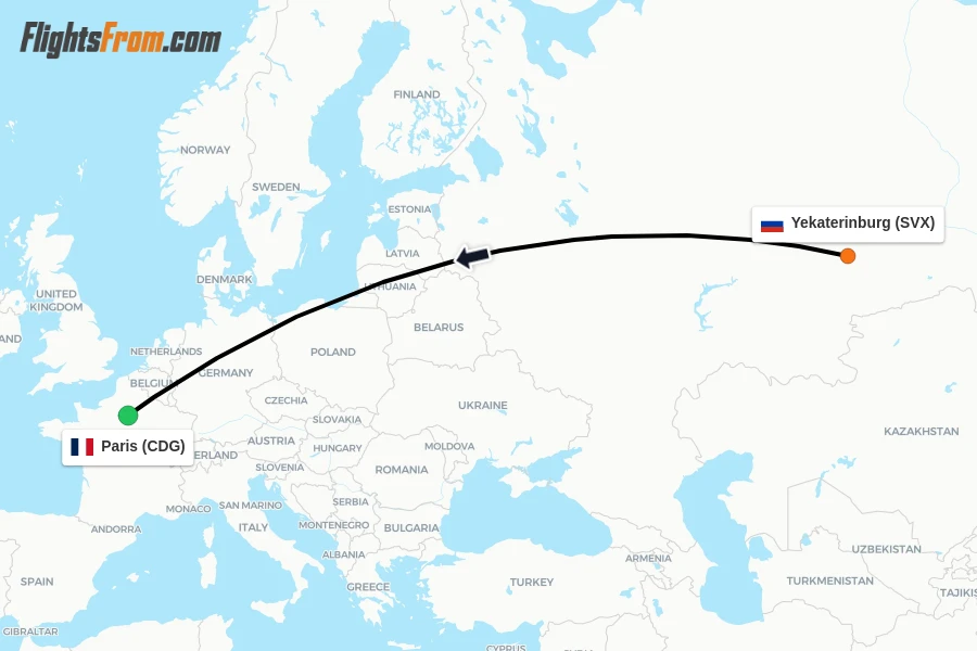 Flights from Yekaterinburg to Paris route map