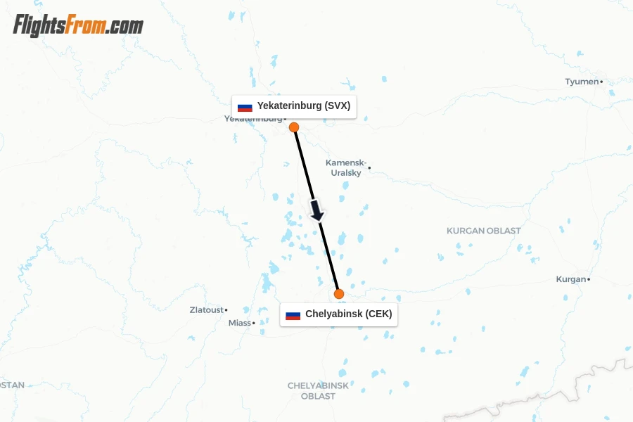 Flights from Yekaterinburg to Chelyabinsk route map