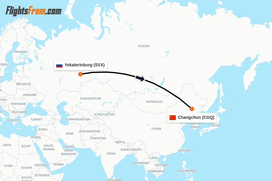 Flights from Yekaterinburg to Changchun route map