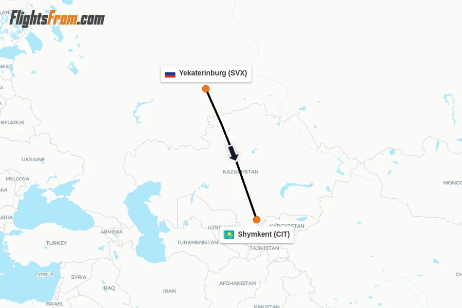Flights from Yekaterinburg to Shymkent route map