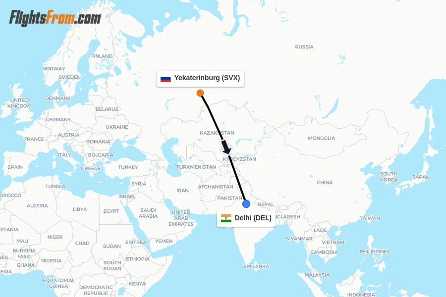 Flights from Yekaterinburg to Delhi route map
