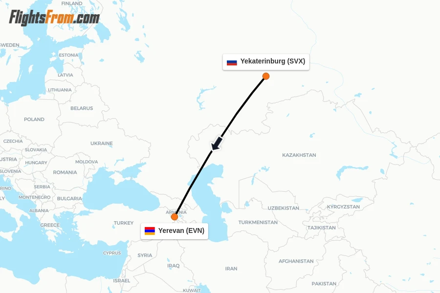 Flights from Yekaterinburg to Yerevan route map