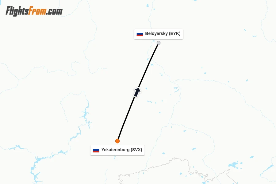 Flights from Yekaterinburg to Beloyarsky route map