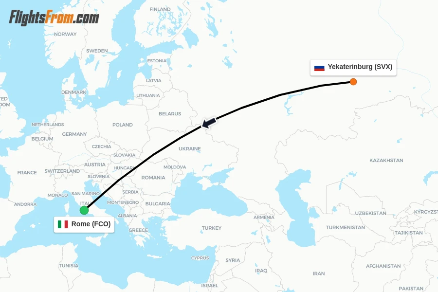 Flights from Yekaterinburg to Rome route map