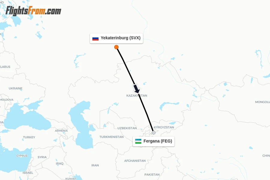 Flights from Yekaterinburg to Fergana route map