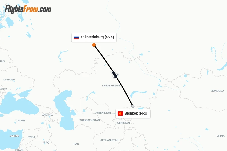 Flights from Yekaterinburg to Bishkek route map
