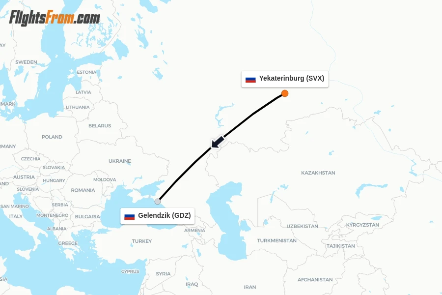 Flights from Yekaterinburg to Gelendzik route map