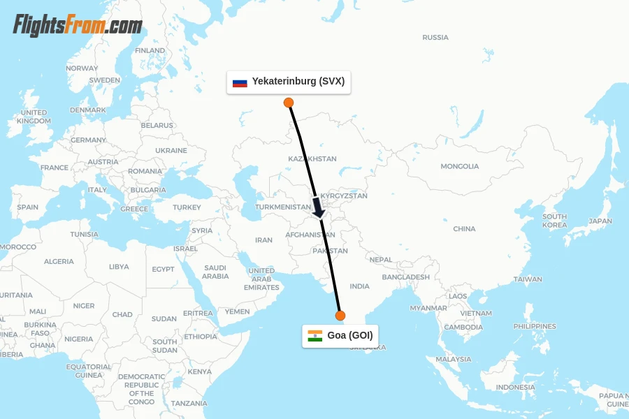 Flights from Yekaterinburg to Goa route map