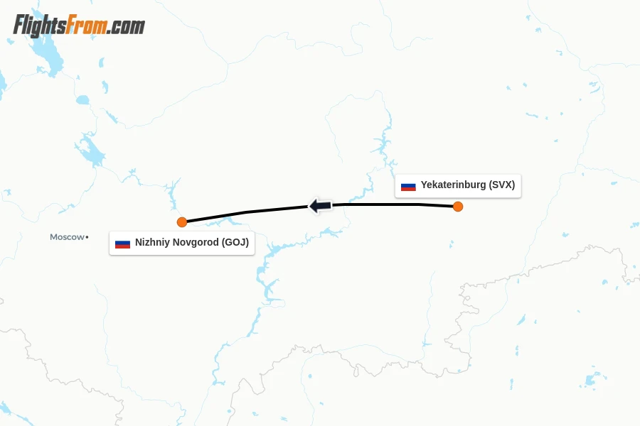 Flights from Yekaterinburg to Nizhniy Novgorod route map