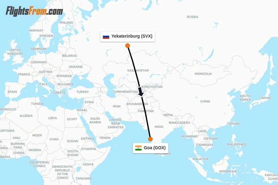 Flights from Yekaterinburg to Goa route map