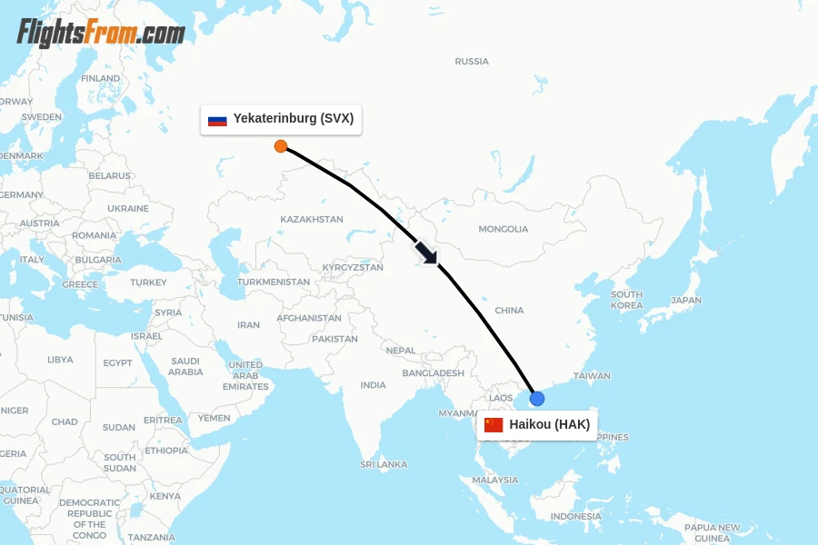 Flights from Yekaterinburg to Haikou route map