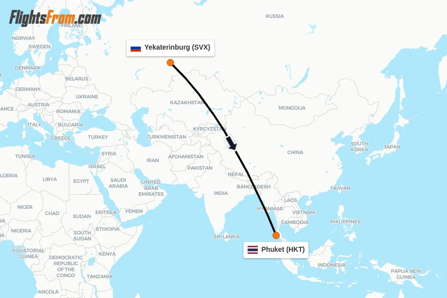 Flights from Yekaterinburg to Phuket route map