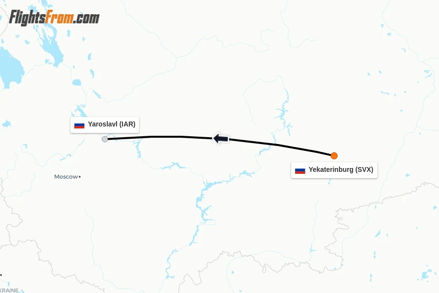 Flights from Yekaterinburg to Yaroslavl route map