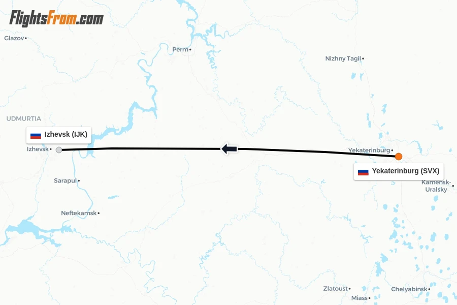Flights from Yekaterinburg to Izhevsk route map