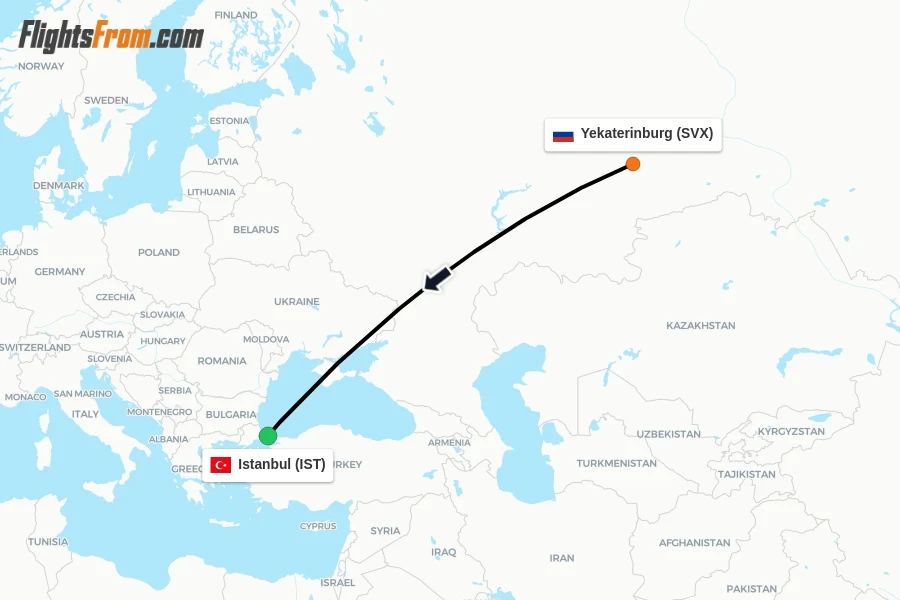 Flights from Yekaterinburg to Istanbul route map