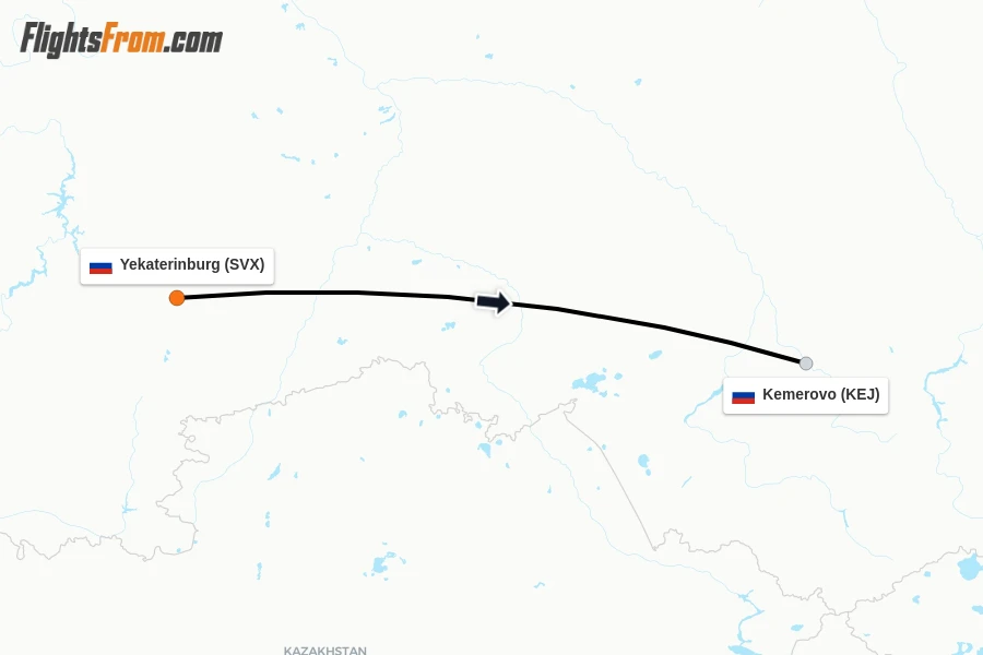 Flights from Yekaterinburg to Kemerovo route map