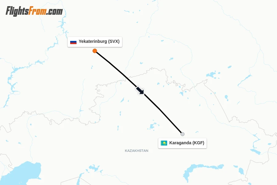 Flights from Yekaterinburg to Karaganda route map