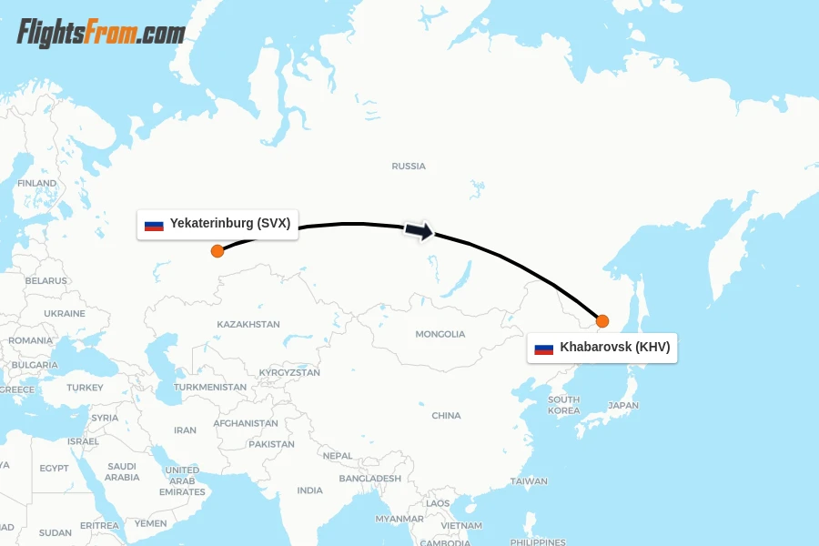 Flights from Yekaterinburg to Khabarovsk route map