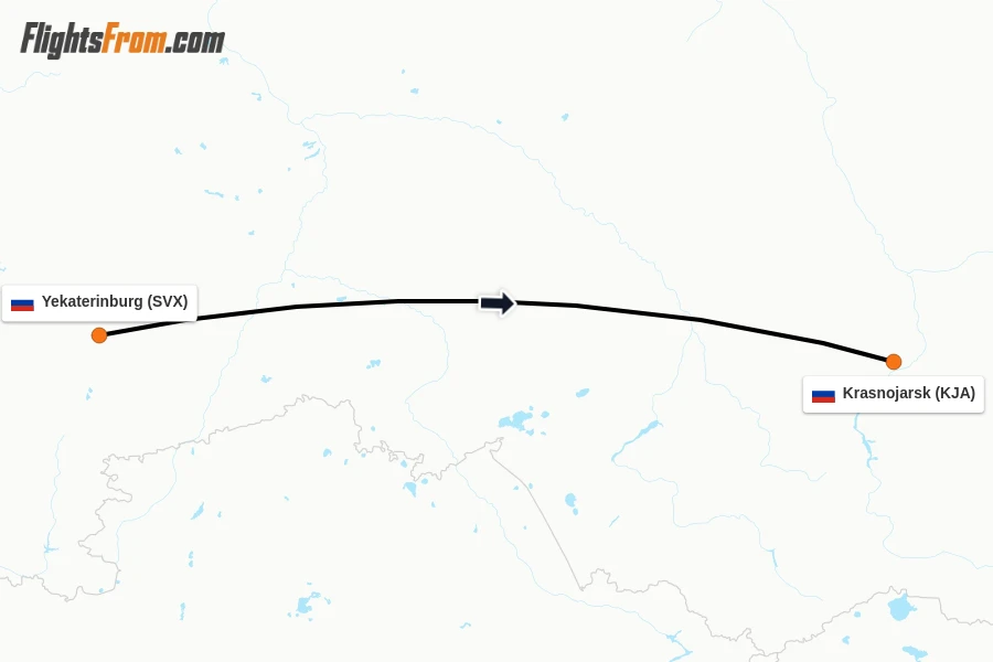 Flights from Yekaterinburg to Krasnojarsk route map
