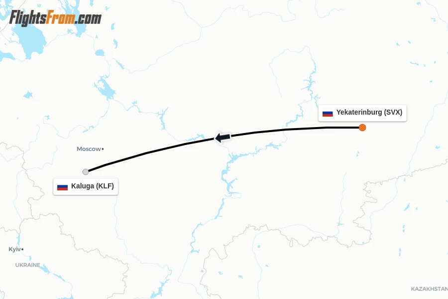 Flights from Yekaterinburg to Kaluga route map