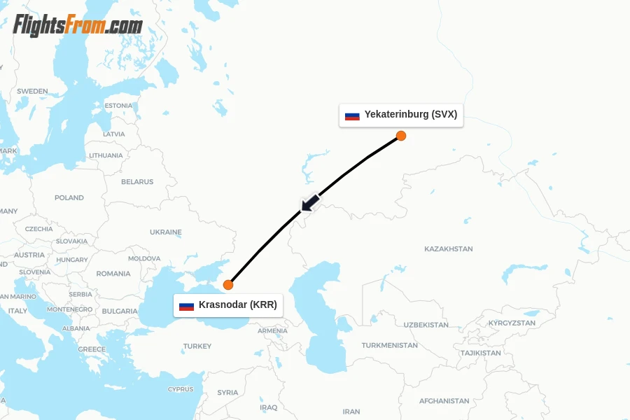 Flights from Yekaterinburg to Krasnodar route map