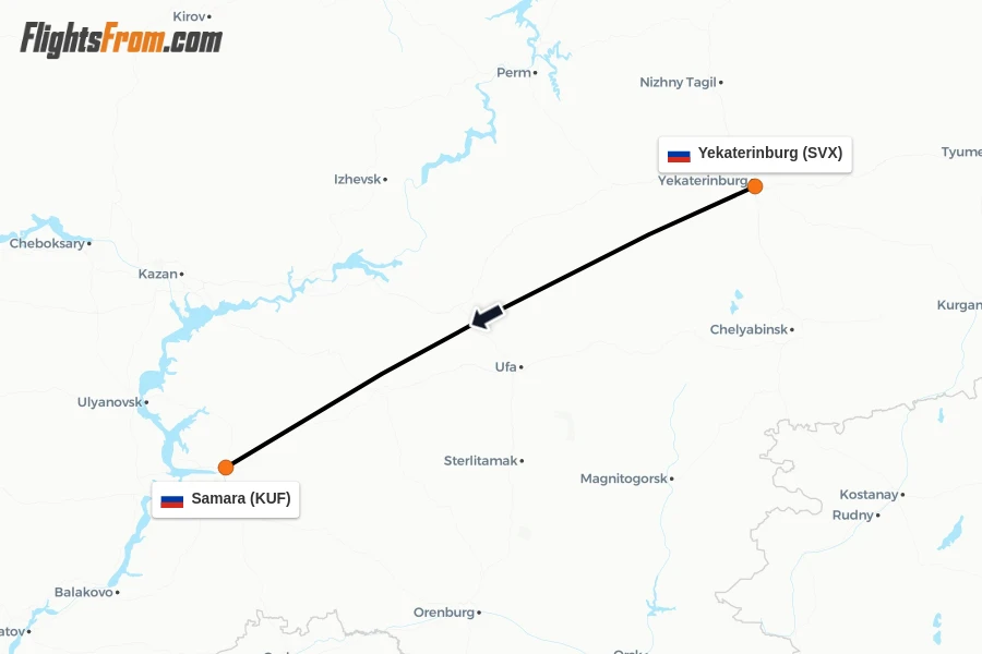 Flights from Yekaterinburg to Samara route map