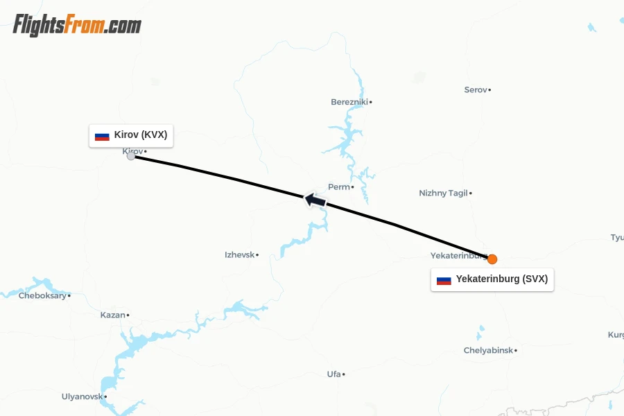 Flights from Yekaterinburg to Kirov route map