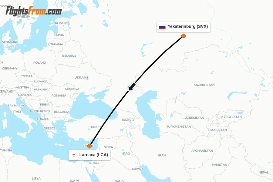 Flights from Yekaterinburg to Larnaca route map