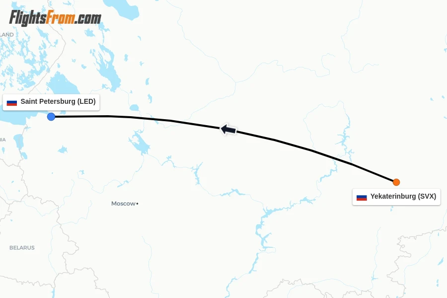 Flights from Yekaterinburg to Saint Petersburg route map