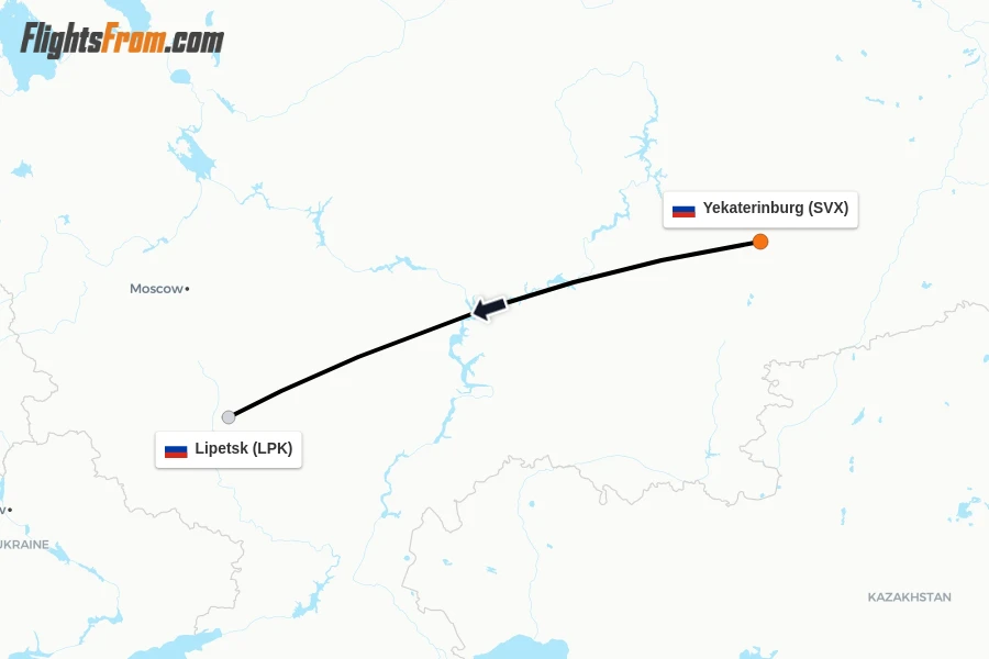 Flights from Yekaterinburg to Lipetsk route map