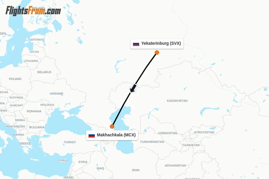 Flights from Yekaterinburg to Makhachkala route map
