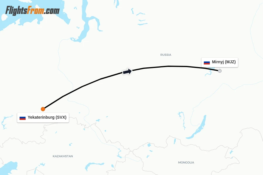 Flights from Yekaterinburg to Mirnyj route map