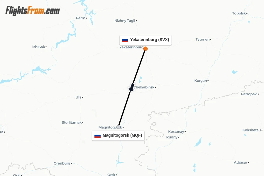 Flights from Yekaterinburg to Magnitogorsk route map