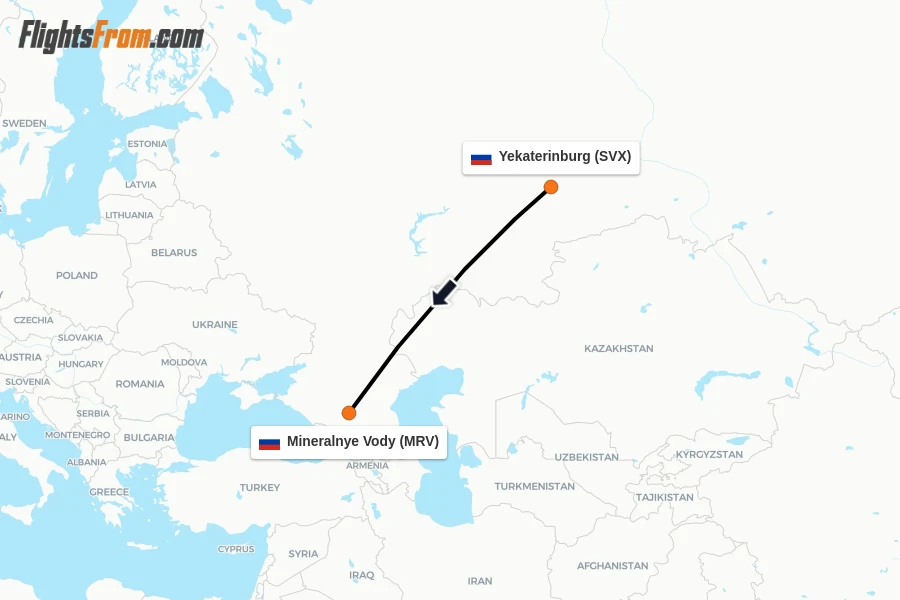 Flights from Yekaterinburg to Mineralnye Vody route map
