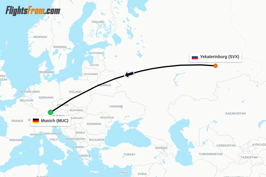 Flights from Yekaterinburg to Munich route map
