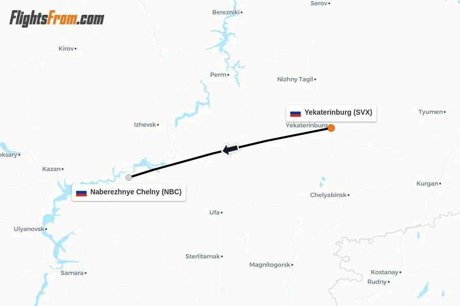 Flights from Yekaterinburg to Naberezhnye Chelny route map