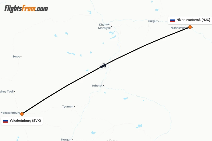 Flights from Yekaterinburg to Nizhnevartovsk route map