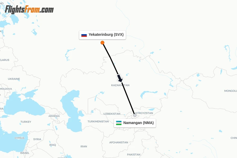 Flights from Yekaterinburg to Namangan route map
