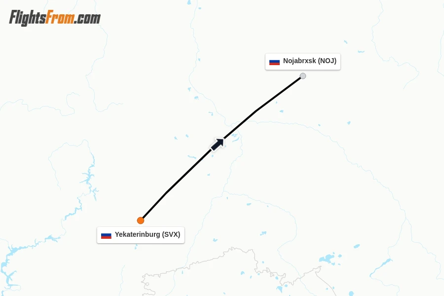 Flights from Yekaterinburg to Nojabrxsk route map