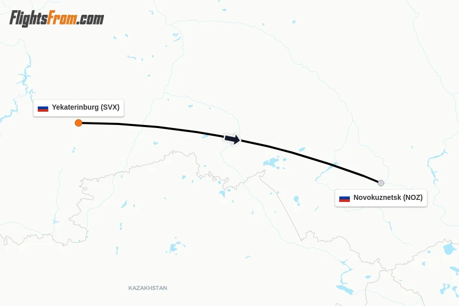 Flights from Yekaterinburg to Novokuznetsk route map