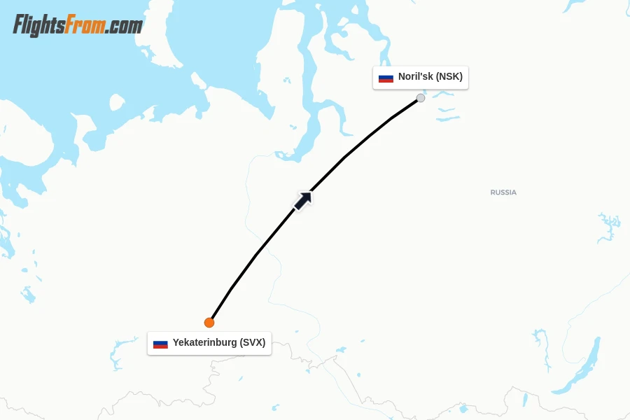Flights from Yekaterinburg to Noril'sk route map