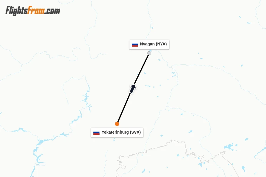 Flights from Yekaterinburg to Nyagan route map